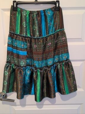 Boho Tiered Midi Skirt in Teal, Green & Brown